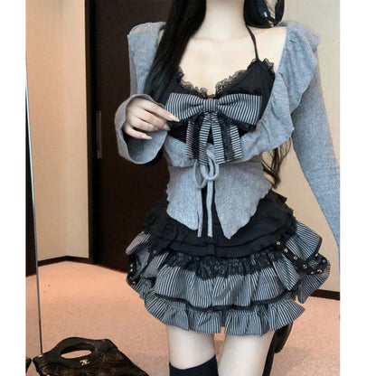 xsrrr Sweet Bow Lolita 3 Pcs Set Swomen Autumn Lace Up Ruffles Cardigan Sexy Slim Strapless Vest Top High Waist Ruched Skirt Suit