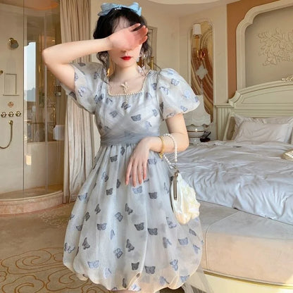 xsrrr Spring Vintage Fairy Dress Casual Printing Women Patchwork Mini Dress Ladies Elegant Princess Korean Mesh Party Dresses Y2k