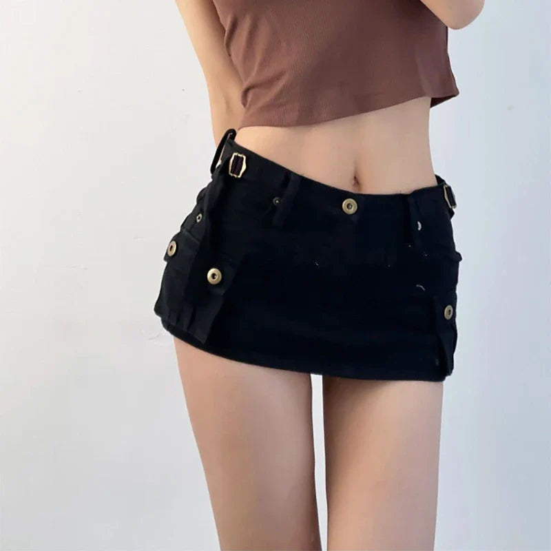 xsrrr Denim Cargo Mini Skirt Women Korean Style Low Waist Slim Sexy Vintage Streetwear Green Jean Skirt Y2k Girl Summer