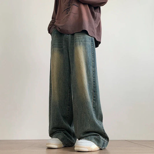 Distressed Vintage Blue Jeans Pants Men Wide-leg Denim Trousers Male Oversize Streetwear Fashion Casual Baggy Straight Jeans