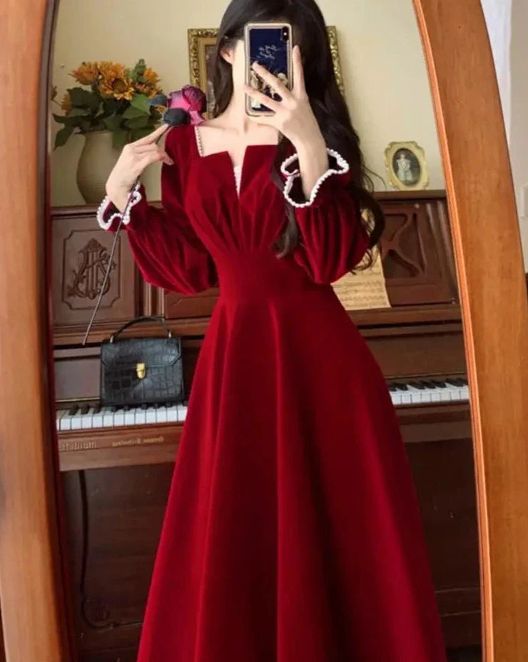 xsrrr DRESS TO IMPRESS Women Vintage A-line Wedding Party Dress Autumn Fashion Elegant Long Sleeve Backless Red Vestidos Female Princess Robe Spring