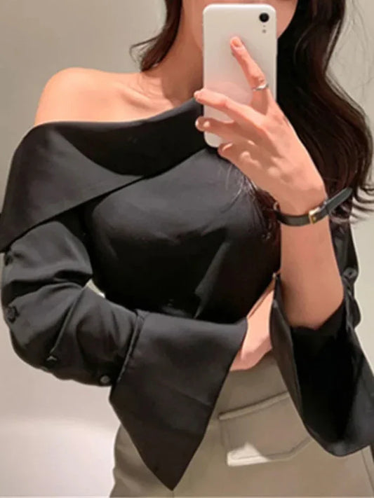 xsrrr FALL OUTFITS Elegant Women Sexy Korean One Black Top Spring Summer Leisure Versatile Women's Off The Shoulder Long Sleeved White Blouses