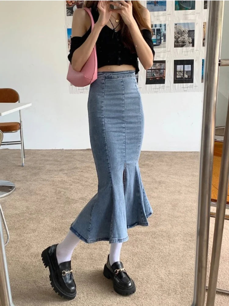 Hnewly Denim Slit Long Skirt Women Korean Fashion Vintage High Waist Bodycon Ruffles Mermaid Midi Skirt Elegant Chic Summer