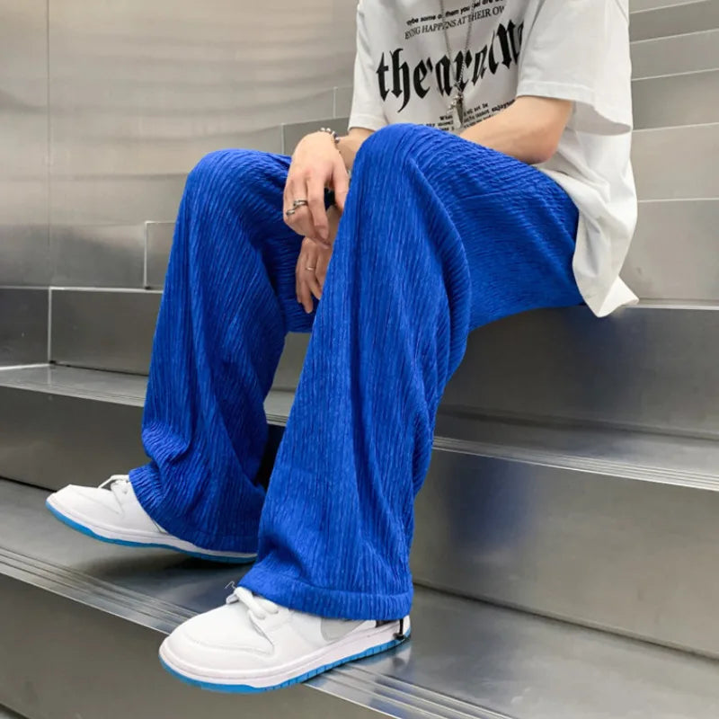 Summer Ice Silk Pants Men Fashion Oversized Wide Leg Pants Men Japanese Streetwear Hip Hop Loose Pleated Pants Mens Trousers