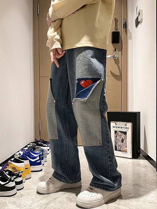 Harajuku Wide Leg Baggy Jeans Pants Men Love Heart Oversize Straight Denim Buttton Cargo Long Trousers Streetwear Student New