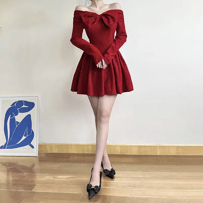 xsrrr NEW YEAR DRESS Holiday Christmas Bow Velvet A-Line Red Dress Slim Slash Neck Long Sleeve Mini Dresses For Women Autumn Winter Lady