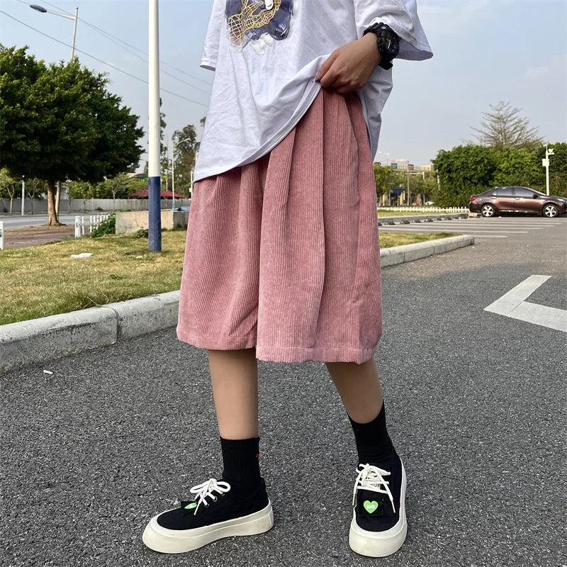 Brown Corduroy Shorts Oversized Baggy Five Point Trousers Summer Korean Fashion Wide Leg  Ins Hip Hop Bottoms Men