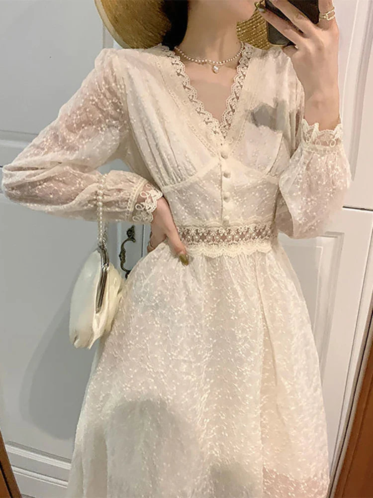 xsrrr Summer Elegant Lace Fairy Dresses Women Embroidery Mesh Sweet Party Long Dress Female Elegant Korean Lolita Princess Dress