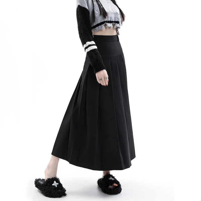 Hnewly Vintage Grey Suit A-line Skirt Women's Spring Autumn College Style High Waist Pleated Mid Length Skirt Femal