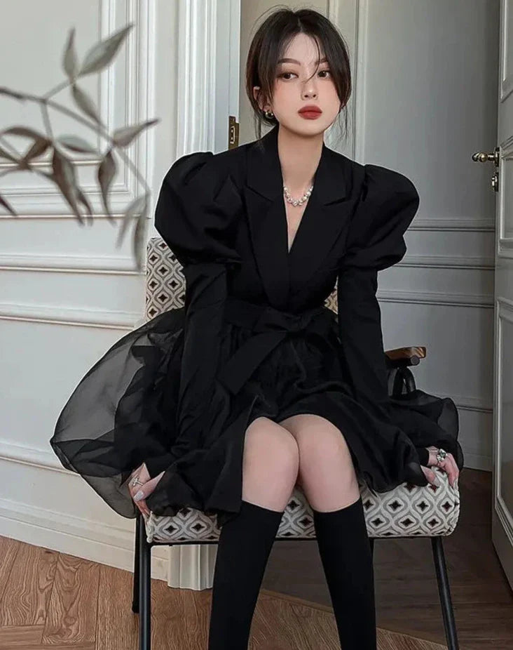 xsrrr DRESS TO IMPRESS Korean Black Mini Blazer Dress Women Elegant Vintage Chic Mesh Design Y2k Dress Winter Casual Sash Evening Party Dress One Piece