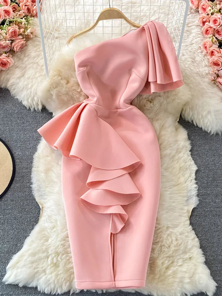 xsrrr Christmas DRESS TO IMPRESS Sweet Style Y2K Long Dresse For Women Three-dimensional Ruffles Split Diagonal Collar Dresses Spring Summer New