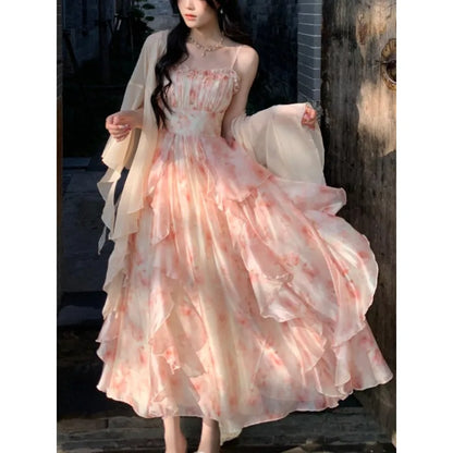 xsrrr DRESS TO IMPRESS 2 Piece Dress Sets Women Elegant Chiffon Summer Casual Slim Strap Dress + Fairy Cardigan Fashion Chic Vintage Suit Even Party