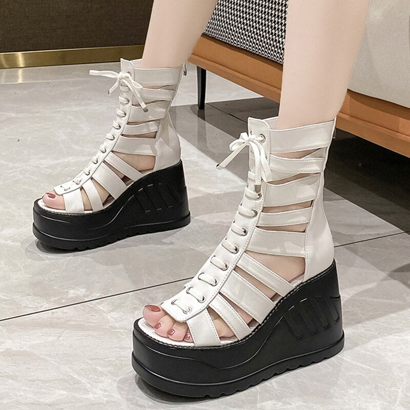 xsrrr Gothic Chunky Platform Sandals Women Summer Punk Wedge High Heels Gladiator Shoes Woman Hollow Out Thick Bottom Sandalias