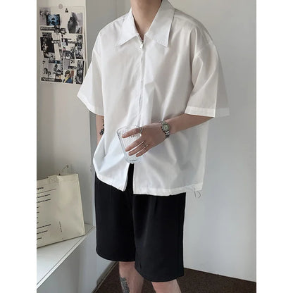 Summer Short Sleeved Shirt Men Fashion Oversized Zip Shirt Men Korean Loose Black White Dres Shirts Mens Ice Silk Shirt M-2XL