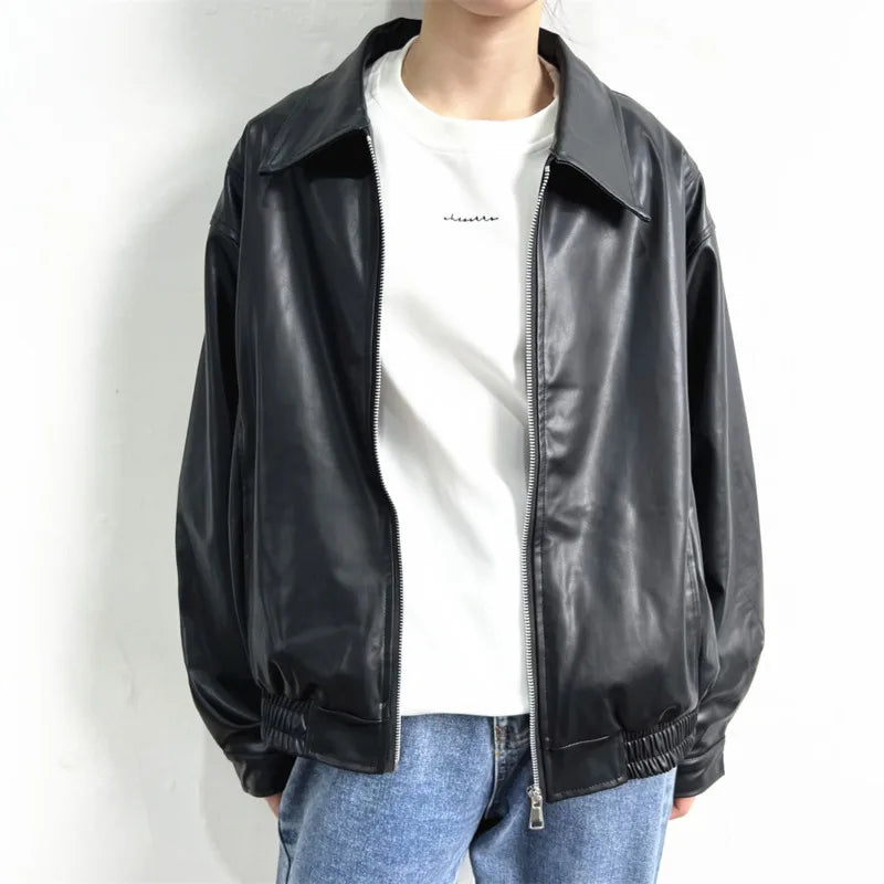 Short Leather Jacket Men Oversized Zipper Motorcycle Jackets Men Streetwear Hip-hop Loose Bomber Jacket Mens Korean Coat M-2XL