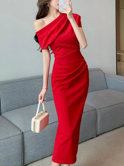 Hnewly DRESS TO IMPRESS Elegant Off Shoulder Evening Party Dresses Women Summer Fashion Slim One Piece Solid Vestidos Korean Graduation Robe Clothing