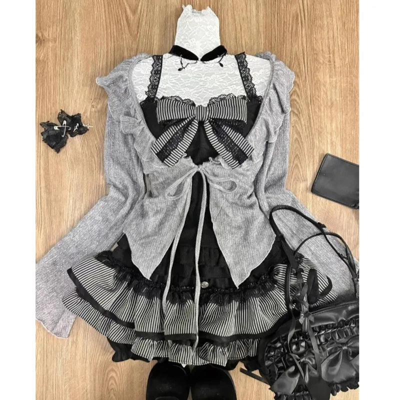 xsrrr Sweet Bow Lolita 3 Pcs Set Swomen Autumn Lace Up Ruffles Cardigan Sexy Slim Strapless Vest Top High Waist Ruched Skirt Suit