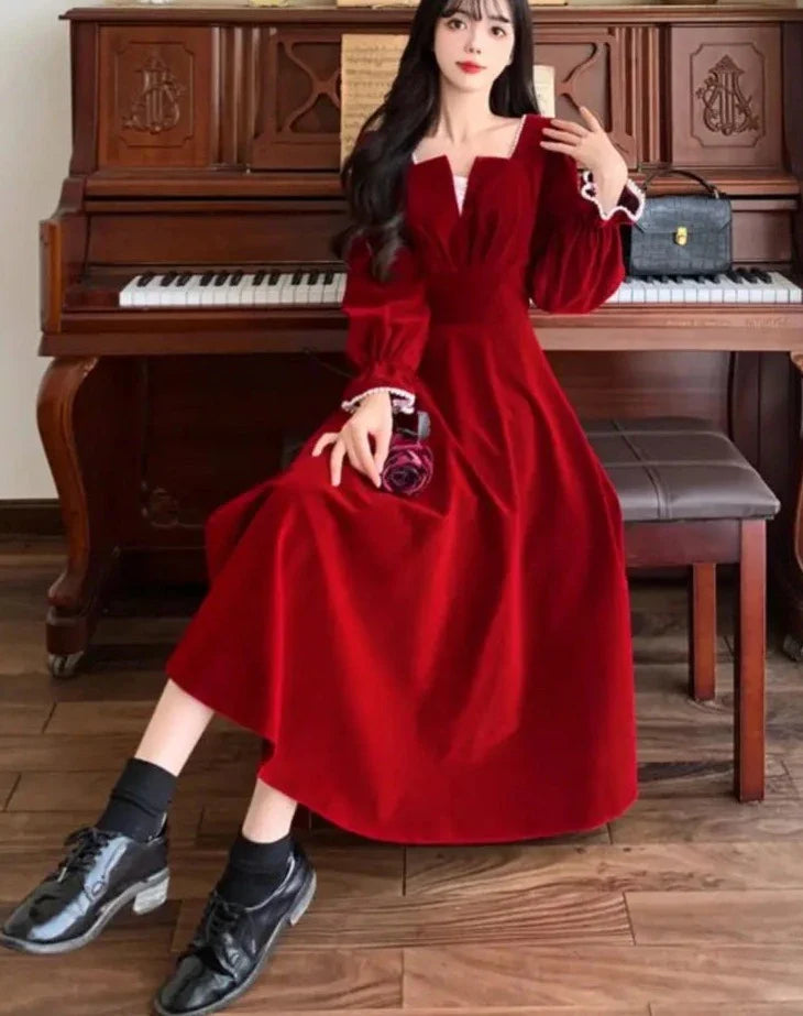 xsrrr DRESS TO IMPRESS Women Vintage A-line Wedding Party Dress Autumn Fashion Elegant Long Sleeve Backless Red Vestidos Female Princess Robe Spring