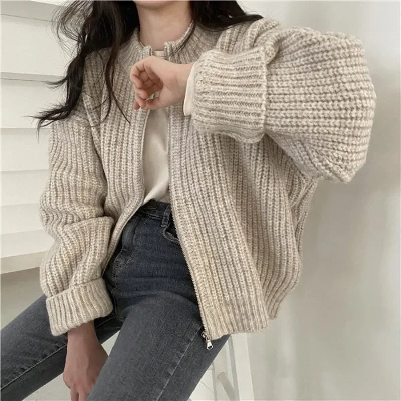 xsrrr Autumn Women's Knitted Jacket New Korean Chic Casual Sweater Coat Solid Color Zipper Thick O Neck Cardigans Women