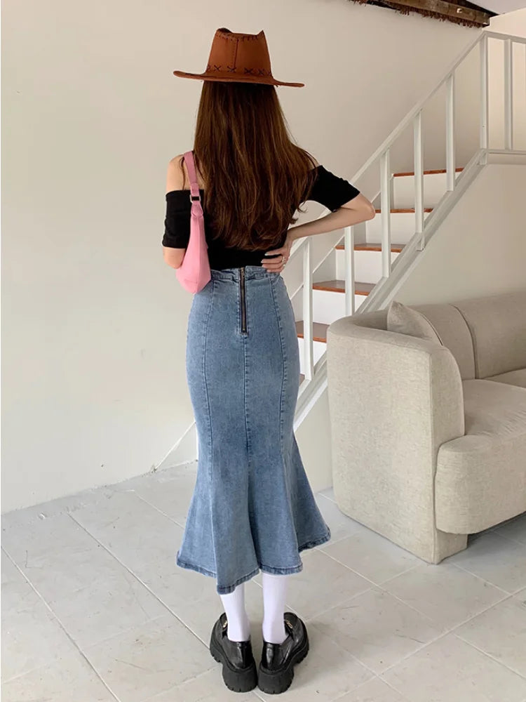 Hnewly Denim Slit Long Skirt Women Korean Fashion Vintage High Waist Bodycon Ruffles Mermaid Midi Skirt Elegant Chic Summer