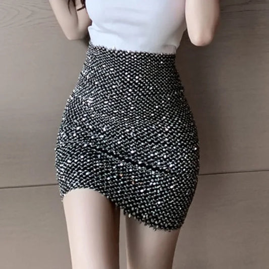 xsrrr Women's Stylish Sexy Short Skirts Sequin Hip Elasticity High Waist Korean Style Fashion Wrap Tight Mini Skirt for Women Elegant