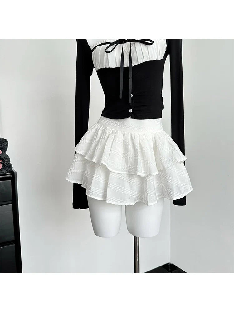 xsrrr Sweet Romantic 2000s Aesthetics Fashion Gyaru Outfits 2 Piece Set Plaid Square Collar Crop Tops Lace Up + White A-Line Skirts