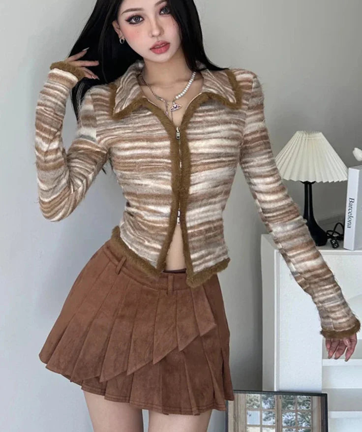 xsrrr Striped Knit Sweater Cardigan Y2K High Street Women Autumn Turn-down Collar Zipper Sweaters Coat Female Casual Korean