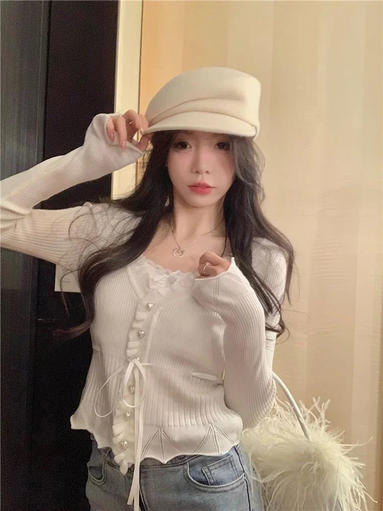 xsrrr Sweet Fresh V-neck Lace Patchwork Tops Women Autumn Bandage Ruffles Sweaters Harajuku Slim Fit Long Sleeve Knitted Cardigan