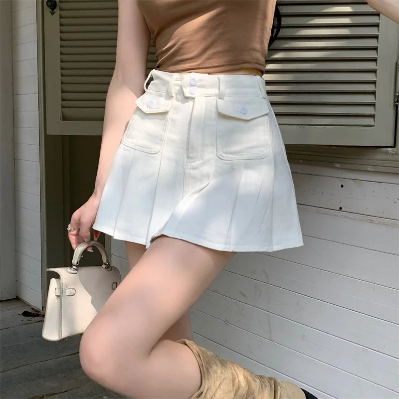 xsrrr Spicy Girl White Denim Skirt Chic High Waist A-line Ultra Short Skirts Women's 2024 Summer New Cool High Street Pleated Skirt