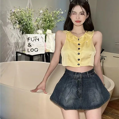 xsrrr Fake Two Pieces High Waisted Denim Shorts Skirt Women's Summer Korean Slimming Pleated Short Dresses Spicy Girl A-line Hot Pants