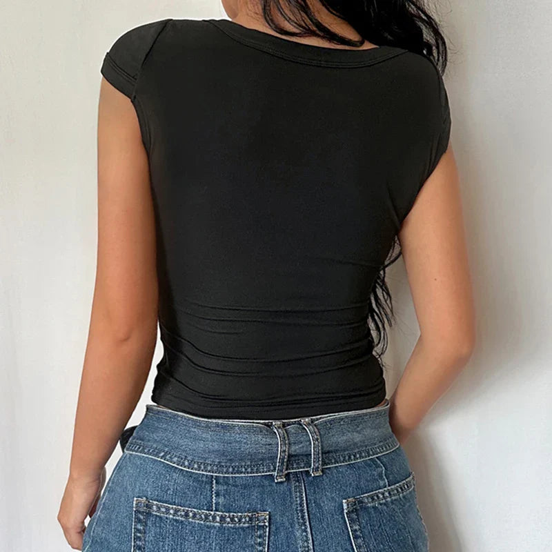 xsrrr Sexy Deep V Neck Crop Top Women Basic Solid Tee Shirts 2024 Summer New Fashion T-shirts Vintage Clubwear Ladies Clothing