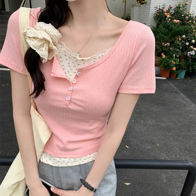 xsrrr Korean Style Chic Patchwork Short Sleeve T-shirts Women Spring Summer O-neck Slim Tee Shirt Sweet Woman Cute Short Tops