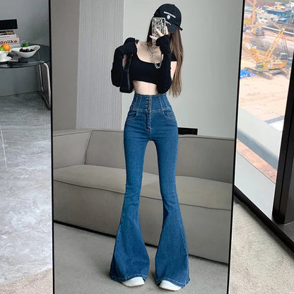 xsrrr Single Breasted High Waist Flare Jeans For Women Spring Autumn High Street Slim Boot Cut Denim Pants Ladies Fishtail Jeans