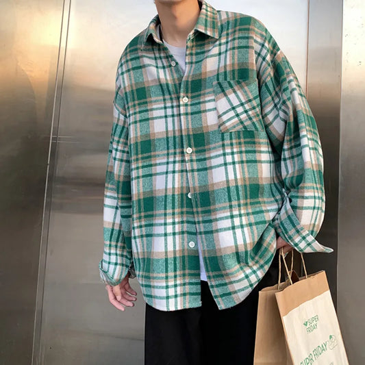 Autumn Thick Woolen Shirt Men Fashion Retro Casual Oversized Plaid Shirts Mens Korean Blue/Green Loose Long-sleeved Shirt Men