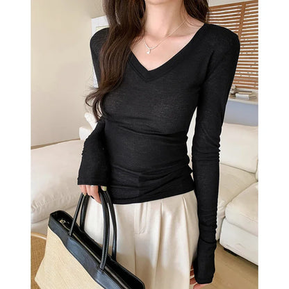 xsrrr V-neck Thin Style 2024 Women's Long Sleeved T-shirt Tops Bottoming Autumn Casual Shirts Self Cultivation New Korean