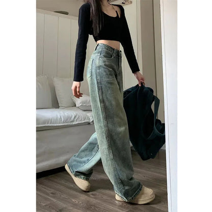 xsrrr Vintage Wide Leg Jeans for Women Streetwear High Waist Loose Straight Denim Pants Female 2024 Spring Wild Casual Trousers