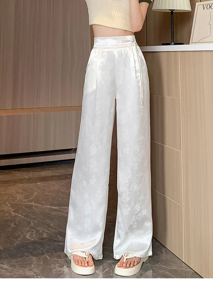 xsrrr New 2024 Spring Summer Wide Leg Loose Pants For Women Black Or White Color Chinese Style High Waist Jacquard Trousers Women