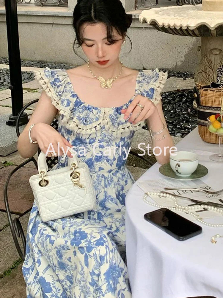 xsrrr DRESS TO IMPRESS Elegant Korean Fairy Long Dress Women Sexy Ruffles Party Slip Floral Dress Korean Style Summer Dress Female 2024 Casual Fashion