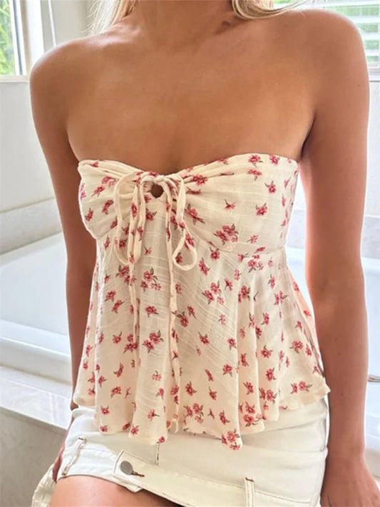 Hnewly Strapless Off Shoulder Ruched Tube Tops Women Front Tie-up Ruffles Summer Party Clubwear Tank fLORAL pRINT Mini Vest