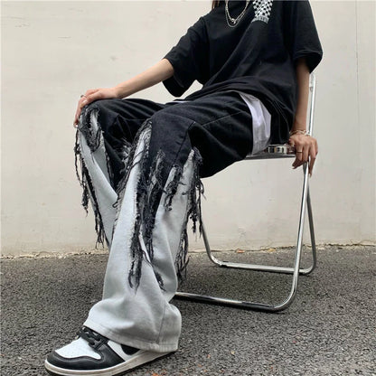 Loose Stitching Tassel Straight Jeans Four Seasons Street Washing Hip Hop Street Slim Pants Casual Wild Denim Trousers Oversize