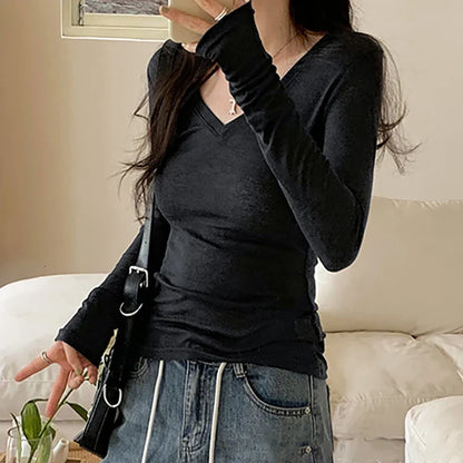 xsrrr V-neck Thin Style 2024 Women's Long Sleeved T-shirt Tops Bottoming Autumn Casual Shirts Self Cultivation New Korean