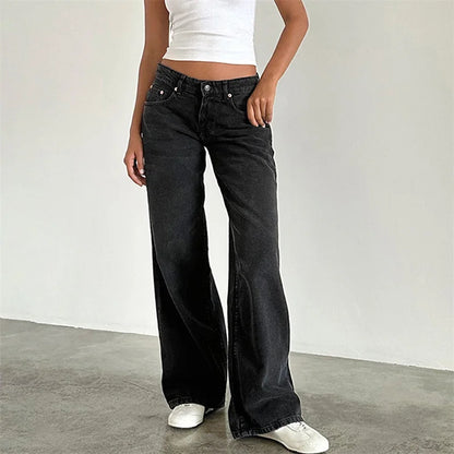 xsrrr y2k Jeans Women Clothes Fashion Solid Color Low Waist Waist Wide Leg Denim Pants Trousers with Pockets 2000s Streetwear