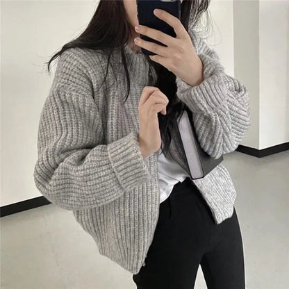 xsrrr Autumn Women's Knitted Jacket New Korean Chic Casual Sweater Coat Solid Color Zipper Thick O Neck Cardigans Women