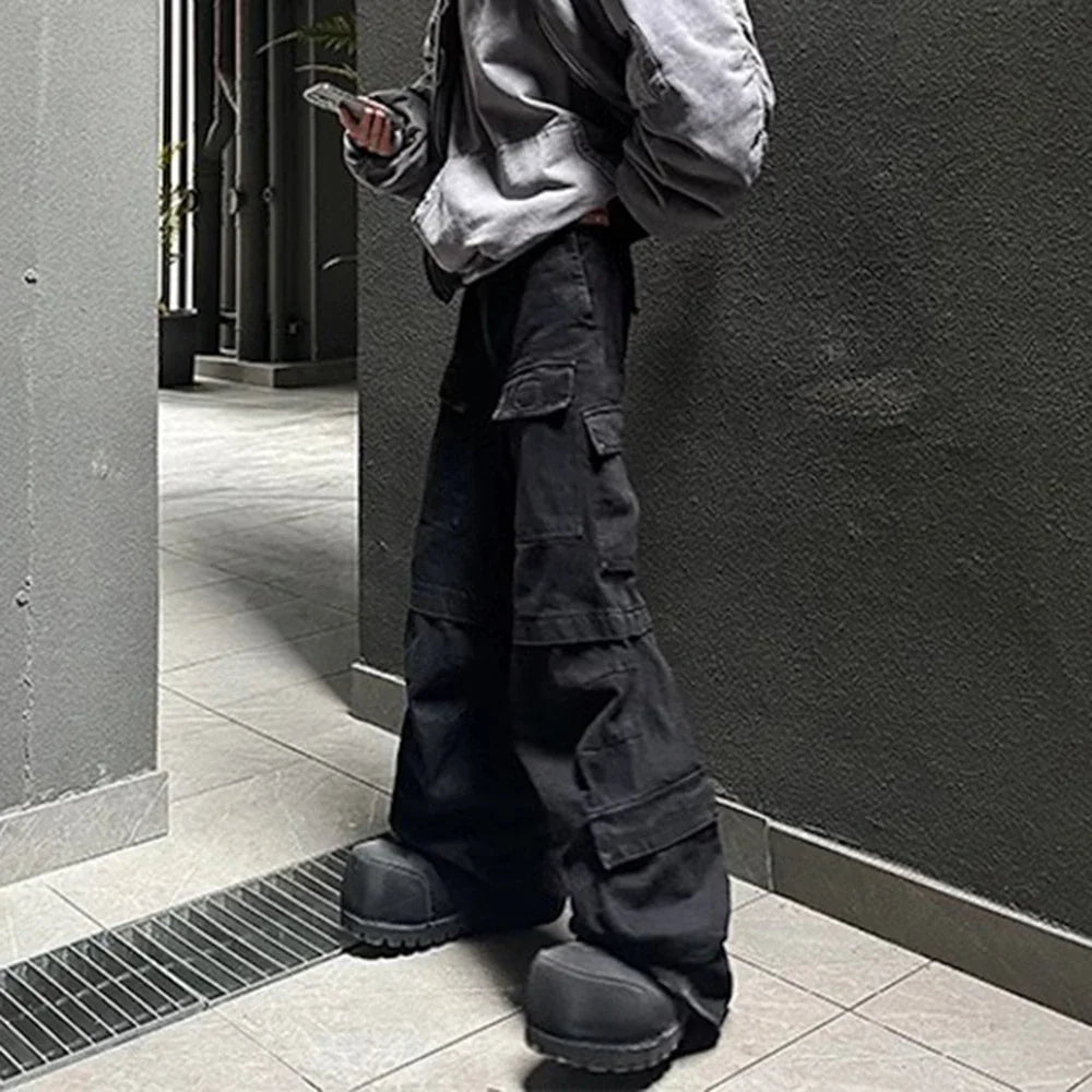 High Street Multi-pockets Washed Black Cargo Pants Mens Straight Pleated Casual Baggy Overalls Oversized Loose Casual Trousers