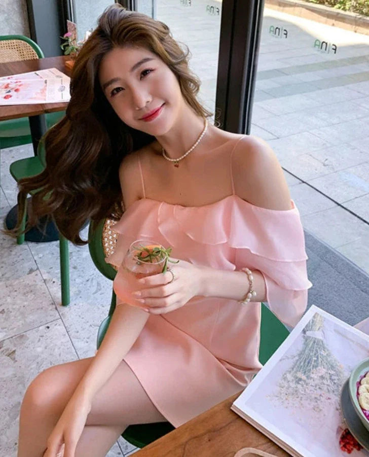 xsrrr DRESS TO IMPRESS Pink Sweet Fairy Dress Women Ruffles Design Sexy Party Mini Dress Female Spring Elegant Princess Casual Korean Strap Dress