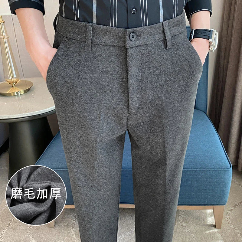 Mens Suit Pants Autumn And Winter Thick Brushed Woolen Loose Slim Solid Color Trend Casual Business Small Foot Trousers Oversize