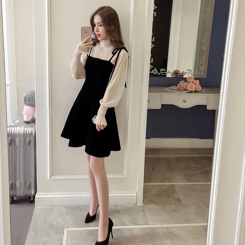 xsrrr Spring New Elegant Two Piece Dress for Women Women Winter Korean A-Line O-Neck Tops and Black Sundress Streetwear Dress Vestidos