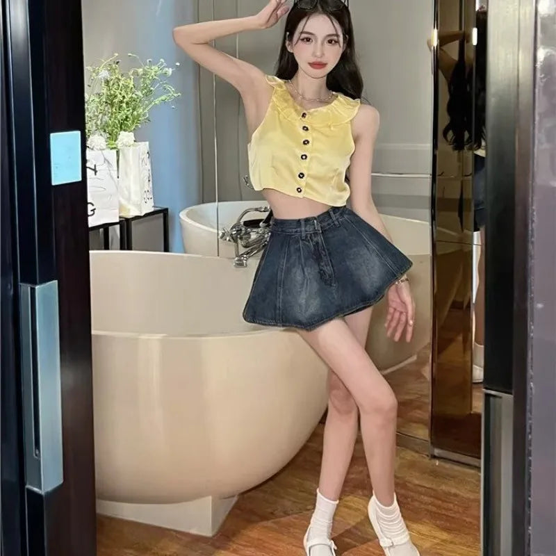 xsrrr Fake Two Pieces High Waisted Denim Shorts Skirt Women's Summer Korean Slimming Pleated Short Dresses Spicy Girl A-line Hot Pants