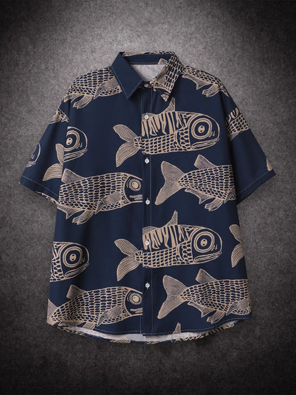 Oversized Loose Men Shirt American Style Summer Fried Street Fashion Small Fish Print New Personalized Mens Casual Shirts