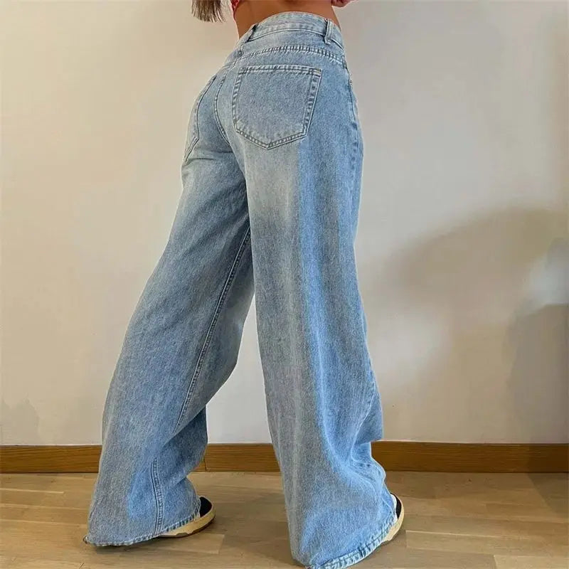 xsrrr Vintage American-style Straight Jeans Women High Waist Casual Loose Denim Pants Female Comfortable Commuter Wide Leg Trousers